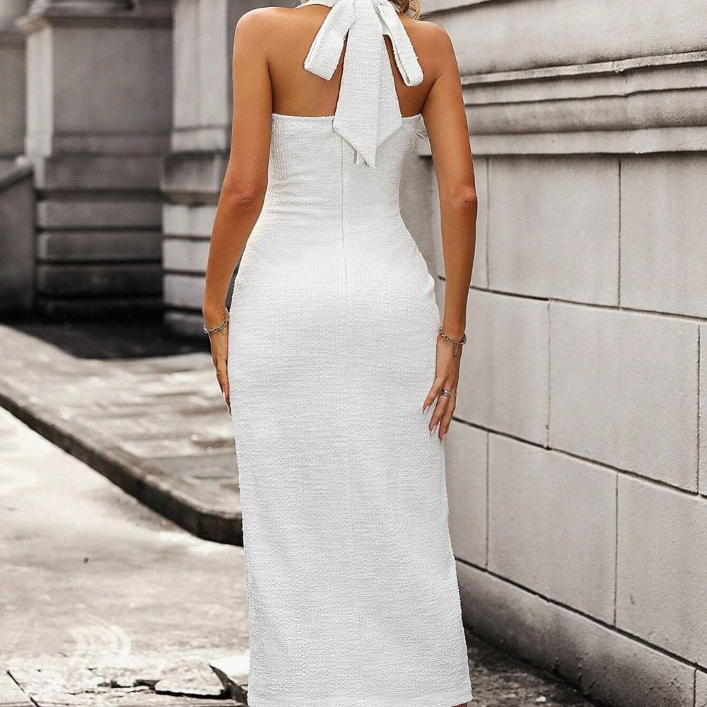 White Elegant Womens Button Front Flap Detail Halter Neck Backless Dress - Picture 2 of 5